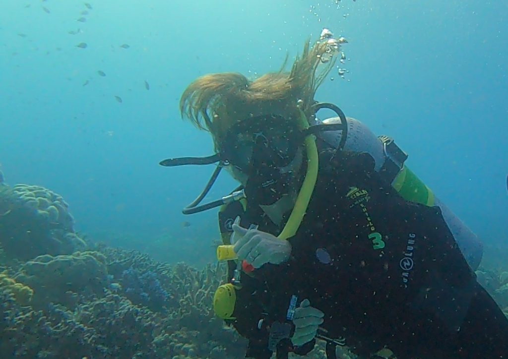 A scuba woman woth loose hair    Empty Nest Diver