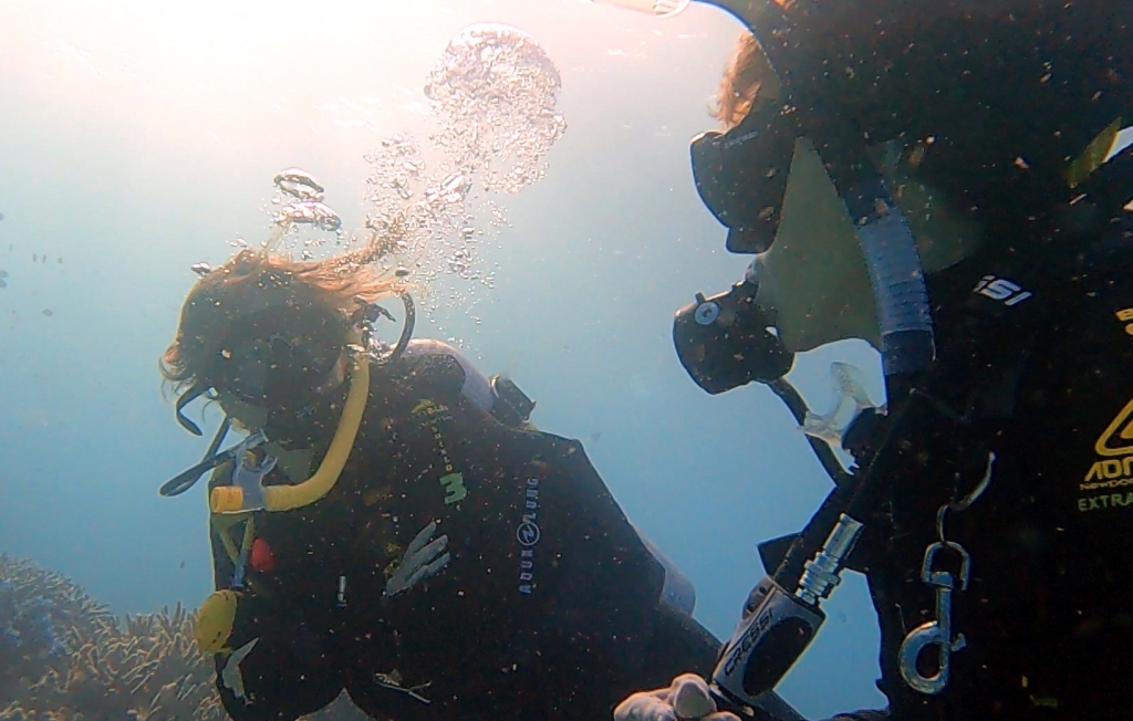 Two women divers underwater facing each other Empty Nest Diver