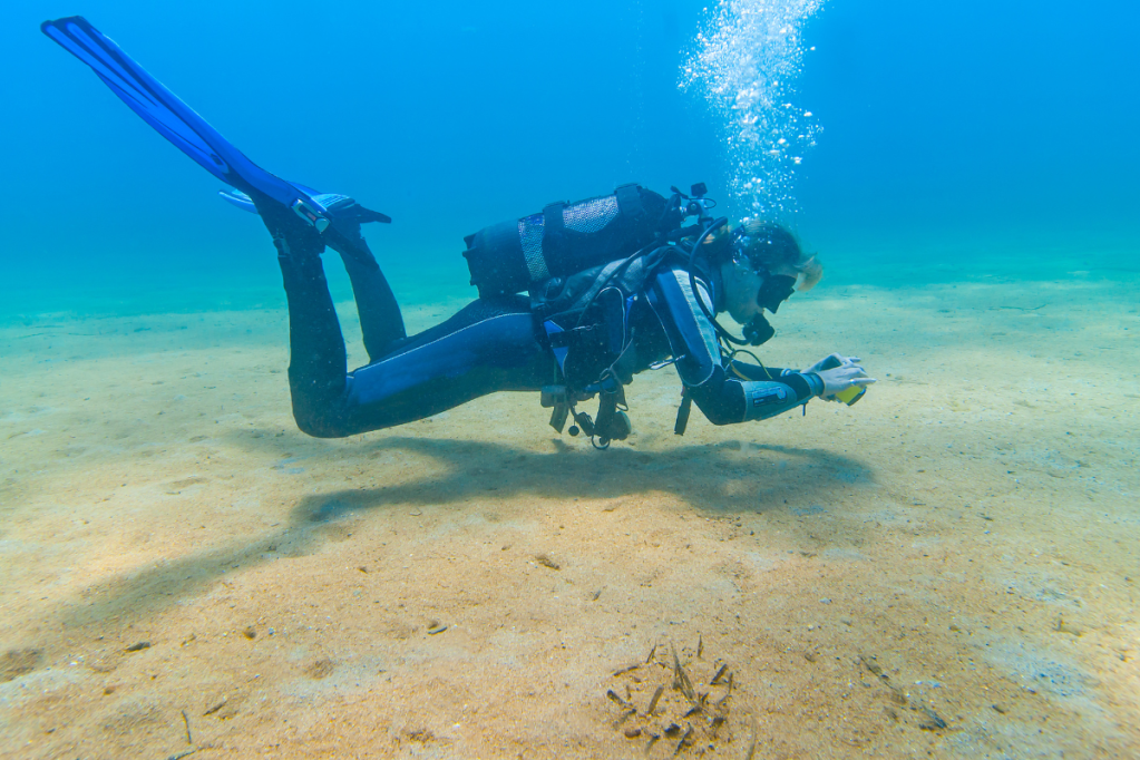 A scuba diver hovering and taking a photo